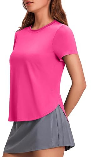 PINSPARK Damen Sportshirt Schnelltrocknend Fitness Kurzarm Sport Top Frühling Outdoor Golf Yoga Funktionsshirt Lässig Stretch Seite Split T-Shirts Rosenrot m