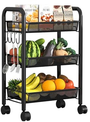 3 Tier Black Storage Trolley mit Rädern für nizing Gemüse und mehr