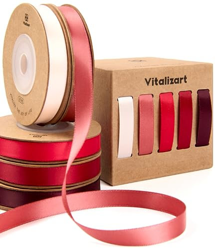 Vitalizart Rote Serie Satinband für Handwerk 0,95 cm x 45,7 m (5 Rollen * 9,14 m), Doppelseitige Stoffband für Geschenkverpackungen, Schleifen Machen, Brautstrauß, Dekoration
