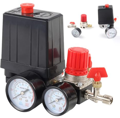 DAJASD Compressore d'aria, 1/4 Regolatore Pressione Compressore, Pressostato compressore con valvola di sicurezza e manometro, Regolatore di Pressione per Compressore,120 PSI, rulli da 5 a 8 bar