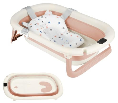 Baignoire Enfants Pliable XXL Avec Transat De Bain & Thermomètre Intégré,Baignoire Enfant Avec Siege De Bain,Baignoire enfants Sur Pied,Cadeau De Naissance Fille Ou Garçon
