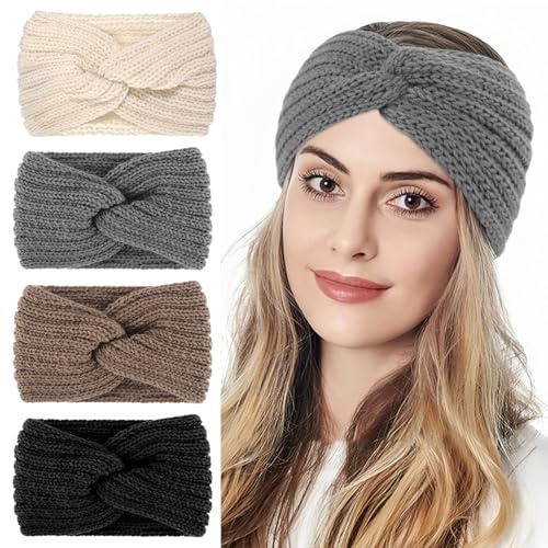 4 Stück Stirnband Damen Winter Warm Stirnband Winter Damen Dick Haarband Breit Gestrickt Elastisches Headband Stirnbänder für Laufen Skifahren Camping Wandern
