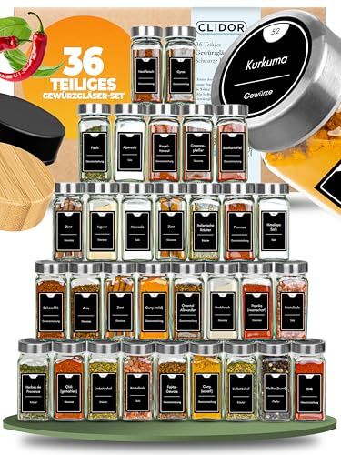 CLIDOR Gewürzgläser eckig [36 x 125ml], Luftdichte Gewürzgläser mit Streueinsatz + 248 wasserfeste Gewürzetiketten, Gewürz Organizer & Gewürzdosen, Gewürzstreuer zum Nachfüllen, Deckel aus Edelstahl