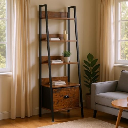 FurnitureR Libreria scala a 5 livelli, 42 x 29 x 141 cm, con cassetto in tessuto, ripiani in legno da 12 mm e telaio in metallo da 20 mm, parete posteriore da 7,5 cm, elegante scaffale per soggiorno