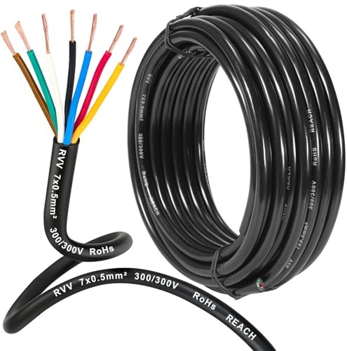 D-TECH 7 Core Trailer Cable 10M, Trailer Lighting Cable 7 Pin,Vehicle Cable For Trailer Caravan, 7 Pin Cable For Trailer Plug Socket, 80V 24V 12V 7 Core Automotive Cable 0,5mm²