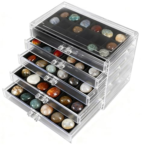 TOWEBOORY Rock Vitrine, Acryl Rock Sammelbox Schmuck Organizer Schmuckschatulle Aufbewahrungsbox mit Fächern für Kleine Sammlerstücke, Fossil Kristalle, Edelsteine, Steine (5-Stöckig)