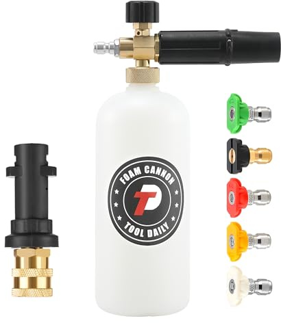 Tool Daily Canon à Mousse avec Adaptateur pour Karcher K2-K7, 1 Litre | Réglable Lance à Mousse pour Nettoyeur Haute Pression, Compatible avec Karcher, 5 Buses de Pulvérisation, Raccord Rapide 1/4