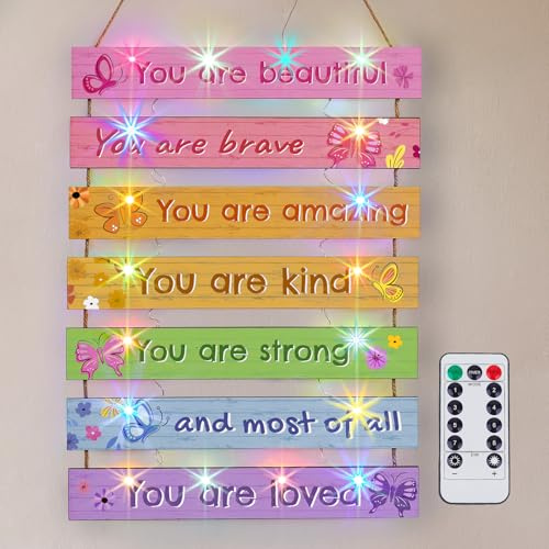 MHJY Girls Bedroom Accessories Motivational Wall Art With LED Light Cute Room Decor for Teen Boys Girls Playhouse Kids Nursery Decoration Inspirational Quotes Plaque for Classroom Dorm