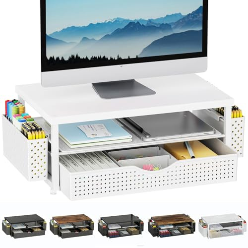 Pygocereri Monitor Stand with Drawer, Desk Organiser and Accessories, 2-Tier Computer Monitor Stand Riser with Drawer and 2 Pen Holder, Laptop Stand, Office Desk Accessories for Desk Tidy