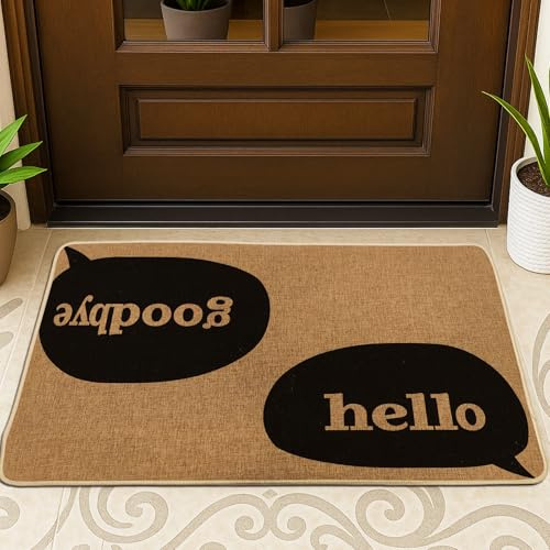 Hello Door Mat, Modern Casual Goodbye Speech Bubble Brown Non-Slip Dirt Trapper Under Doormat Rug for Home Indoor Outdoor Entryway Porch Decor 29x17 Inch