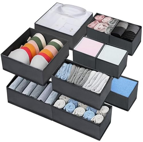 MZJAUVF 10er Schubladen Organizer, Schubladen Ordnungssystem, Faltbare Aufbewahrungsbox Stoff, Unterwäsche Organizer, Schrank Schubladentrenner für BHS, Socken, Krawatten, Kleidung