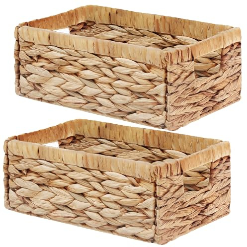 Vagusicc Set of 2 Water Hyacinth Storage Baskets, Wicker Storage Basket Organizer Bins with Handles for Shelves, Foldable Storage Cubes Storage Baskets for Kitchen Organization & Decoration