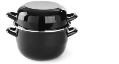 HENDI Marmite à moules ou à sauce avec couvercle, casserole, pot pour préparer et servir fruits de mer, pour les cuisinières à gaz, 2.5L, ø220x(H)190mm, émaillée noire avec rebord en inox