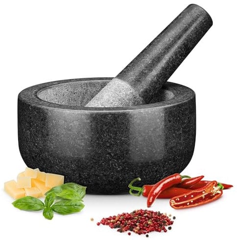 H&S Mortero Piedra Maciza de Granito - Mortero Cocina para Machacar y Triturar Especias - Set Molcajete Grande de Cocina para Moler - Mortar and Pestle