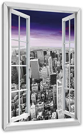 Pixxprint Skyline von New York am späten Abend, Fenster, Größe: 100x70cm, Leinwandbild, fertig gespannt, Wandbild, Dekoration, Kunstdruck, kein Poster