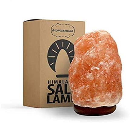 AROMASENSES | Lámpara de Sal del Himalaya | Peso de 2 a 3 kg, con Base de Madera, Cable y Bombilla de 14W | Hecha a Mano | Purifica el Aire | Lámparas Originales de Sal de Himalaya Rosa