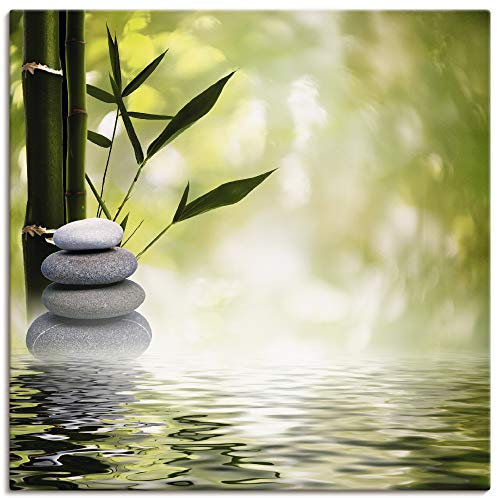 ARTLAND Wanddeko Leinwand Bilder Wandbild 50x50 cm Asien Zen Wellness Spa Wasser Bambus Steine Grün R2PS