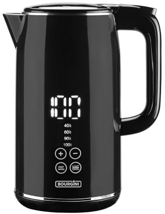 Bourgini Cool Touch - Digitaler wasserkocher Schwarz - wasserkocher mit temperatureinstellung - 1,7 Liter Fassungsvermögen für 8 Tassen Tee - Teekocher elektrisch - Warmhaltefunktion