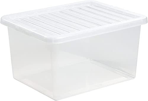 Plastic Storage Boxes Crystal Clear 37L Box & Lid Home Office Stackable Nestable - Pack of 5 (Lid Colour - Clear)