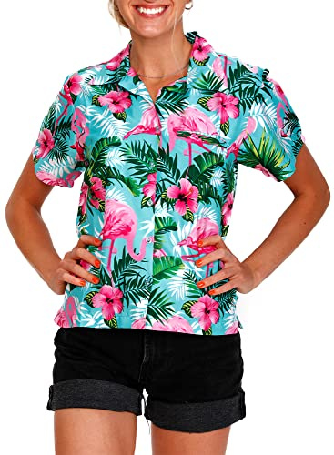 King Kameha Hawaii-Bluse-Hemd Damen Kurzarm Front-Tasche Stylish Funky Flamingos Floral
