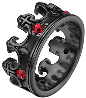 HIJONES Herren Edelstahl König Kronen Ring mit Roten Edelsteinen Gothic Vintage Ritter Statement Kreuz Ringe