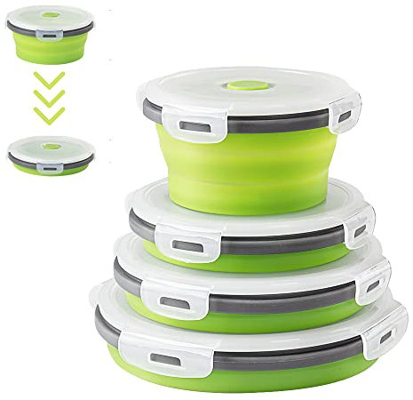 Virklyee 4PCS Runden Silikon Zusammenklappbaren Container - Faltbare Frischhalteboxen Brotdosen Vorratsdosen-Sets - Leicht Zu Tragen (Rund Grün O2)