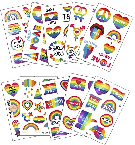 Jagowa 10 Sheets Rainbow Pride Temporary Tattoos Waterproof Party Stickers | 10 sheets waterproof rainbow temporary tattoos for parties festivals parades celebrations and face body decoration