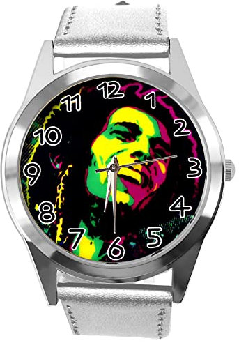 Runde Armbanduhr aus silberfarbenem Leder für Reggae-Fans, silber