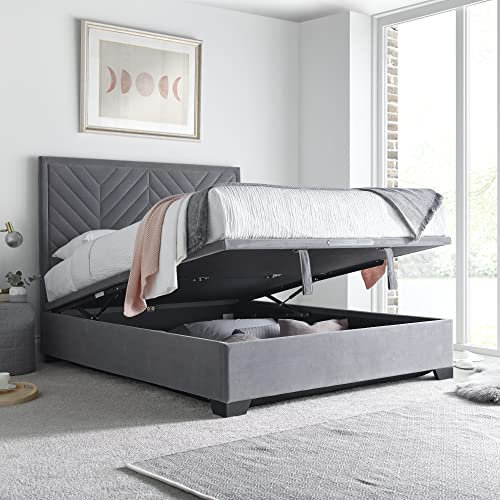 happybeds Ottoman Storage Bed, Watson Grey Velvet Fabric Ottoman Storage Bed, Double, King or Super King Sizes (Double)