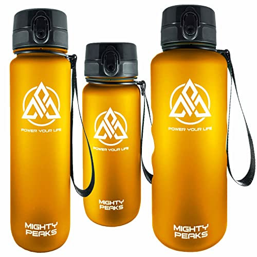 MIGHTY PEAKS Gourde de sport XXL - 2 l - Sans BPA - Anti-fuite - Grand infuseur à fruits - 2 l - Pour le fitness et l'extérieur - Jaune/orange