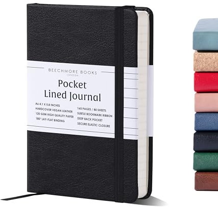 Beechmore Books Notizbuch liniert - A6, Schwarz, Taschenformat I Premium Hardcover Diary aus veganem Leder, 120gsm creme Papier, Geschenkbox, für Schriftsteller, Journalisten, Meetings & Studenten