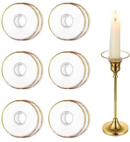 Hewory Glass Bobeches for Candlesticks, 12 pcs Candle Drip Protectors Candle Rings for Tapers, Candle Drip Catcher for Stick Candles for Wedding Parties Church, Round, Gold Rim Clear