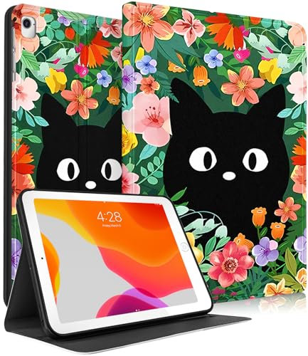 Pegmode Funda para iPad de 5ª/6ª generación, para iPad Air de 2ª/1ª generación, para iPad Pro de 9.7 pulgadas, funda para mujeres y niñas, bonita funda tipo libro con diseño de gato de flores Kawaii