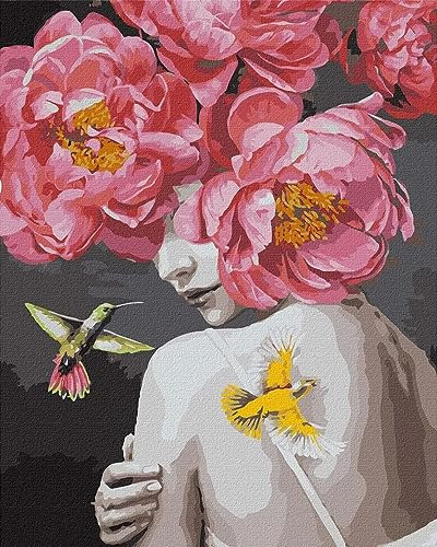 Fan House Peinture par Numero Adulte Enfants, Kit Peinture Adulte Comprend des Peintures Acryliques et des 4 Pinceaux - Sans Cadre,Fille aux Pivoines (40x50cm)