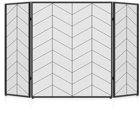 GiantexUK 3-Panel Folding Fire Guard, Heavy Duty Metal Mesh Fireplace Screen, Decorative Freestanding Spark Guard Safety Barrier for Child Baby Pet Open Fire, Black (Herringbone Pattern, 132x79cm)