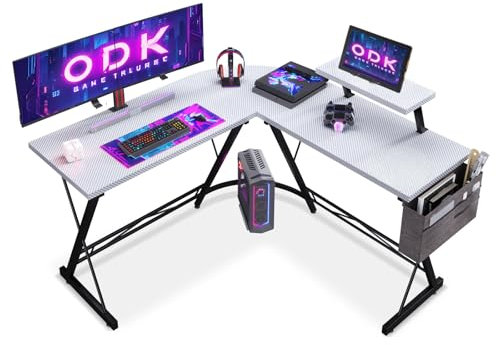 ODK Scrivania Angolare, Scrivania Gaming 127x127cm con Supporto per Monitor, Scrivania Bianca Carbonio con Porta Cuffie per Gamer