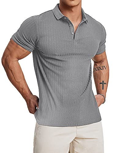 Muscle Cmdr Men's Cotton Muscle Polo Shirts Slim Fit Business Casual Tee Long&Short Sleeve Ribbed V Neck Shirt Grey/M