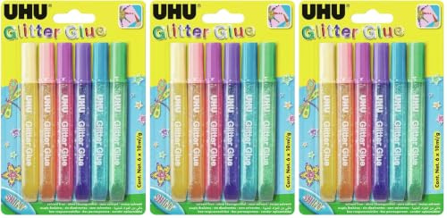 UHU Glitter Glue Shiny - Idéale loisir créatif, formule adaptée pour les enfants, lavable, multicolore, 6 tubes 10ml (Lot de 3)