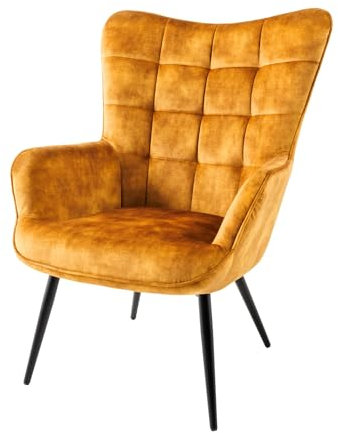 Riess Ambiente Moderner Sessel Scandinavia senfgelb Samt Schwarze Metallbeine mit Armlehnen Ohrensessel Samtsessel Loungesessel TV-Sessel Wohnzimmersessel