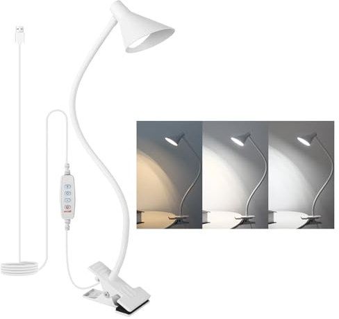 Qooltek LED-Leselampe, einstellbare Klemmlampe bett, Clip-Licht für Schreibtisch, 3 Farbmodi und 5 Helligkeitsstufen, 5W 5V USB-betrieben, flexibler Arm, Weiß