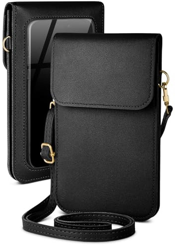 moex Handytasche zum Umhängen für LG Q6 kleine Handtasche mit Handyfach und Sichtfenster, 2 extra Fächer Mini PU Leder Handy Umhängetasche Damen CitySling, Schwarz