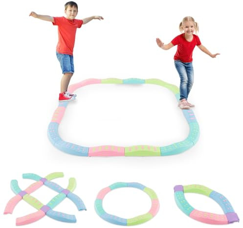 DREAMADE Balance Board Kinder, 20 Stück-Balancierbalken mit rutschfester Oberfläche & Bodenmatte, Schwebebalken für Kinder ab 3 Jahren, belastbar bis 80kg(Grün + Blau)
