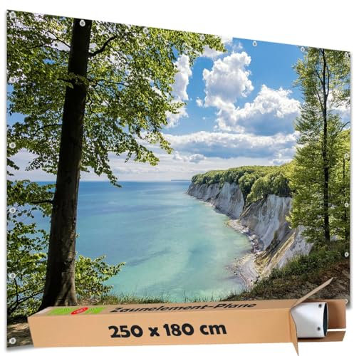 TRIOSK Sichtschutz Garten Deko Zaun Plane Blickdicht groß mit Zaunblende Motiv Ostsee Kreidefelsen Rügen für Zaunelement Doppelstabmatten Stabmattenzaun Gartenzaun PVC 250x180 cm