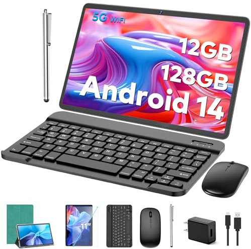Tablet Android, tablet Android 14 da 11 pollici con tastiera, 12 GB+128 GB, 1 TB di espansione, 8000 mAh, 5 MP+13 MP, 2.4 G e 5G WiFi, touch screen IPS, certificato GMS, tablet 2 in 1 con