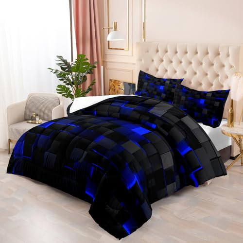 Nttopship Bettwäsche-Set mit geometrischem Muster in Blau und Schwarz, 3-teiliges Bettwäsche-Set für King-Size-Betten für Teenager, Jungen, modernes Steppdecken-Set mit geometrischem Dekor,
