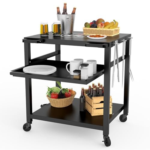 NUUK Outdoor Grill Prep Table 24x30 Metal Grill Cart Outside 3-Layer Pizza Oven Table Movable with Universal Wheels for BBQ Backyard Patio