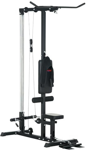SPORTNOW Lat Pull Down Machine with Adjustable Seat, High and Low Pulley Cable Machine with Flip-Up Footplate, Multi-Function Home Gym Fitness Equipment - Black
