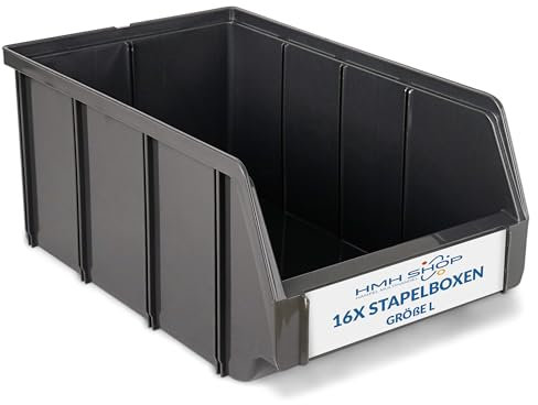 HMH 16x Stapelboxen Größe L Werkstatt Garage Keller Sichtlagerboxen 335x209x152mm Lagerboxen ANTHRAZIT Sichtlagerkästen Kleinteile Aufbewahrung
