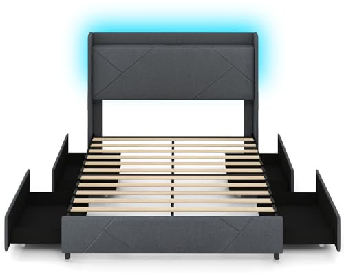 Multigot King/Double Size Bed Frame with RGB LED Lights, 5FT/4FT6 Slat Support Platform Bed with Charging Station, Storage Headboard and 4 Underbed Drawers, Modern Heavy Duty Bedstead (5FT King)