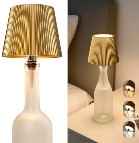 Beaeet Lampada per Bottiglia LED Oro Senza Fili, Touch Dimmerabile 3 Colori, Ricaricabile USB-C, Decorativa per Casa Terrazzo Campeggio Feste Regalo-Oro